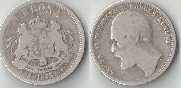 Швеция 1 крона 1875 год (Оскар II) (серебро)