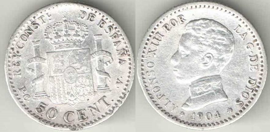 Испания 50 сантимов 1904 год (Альфонсо XIII) (тип IV) (серебро)