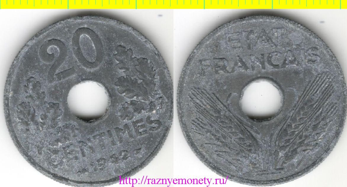 Франция 20 сантимов 1942 год (тип 1942-1943, цинк)