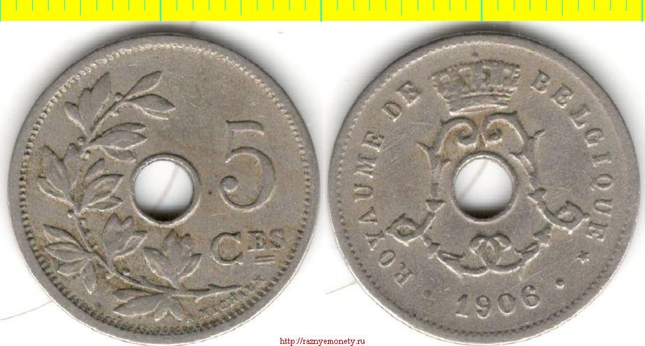 Бельгия 5 сантимов 1906 год (тип 1904-1907, Belgique) (Леопольд II)