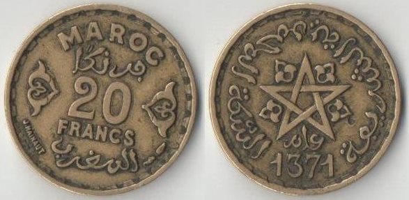 Марокко Французское 20 франков 1952 (1371) год