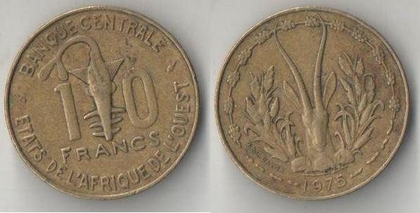 Западная африка 10 франков 1975 год