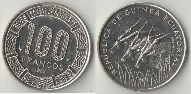 Экваториальная Гвинея 100 франков 1986 год (нечастый тип)