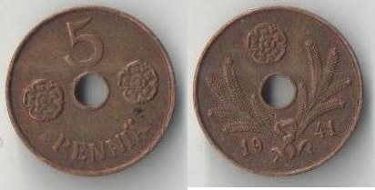 Финляндия 5 пенни (1941-1942) (медь)