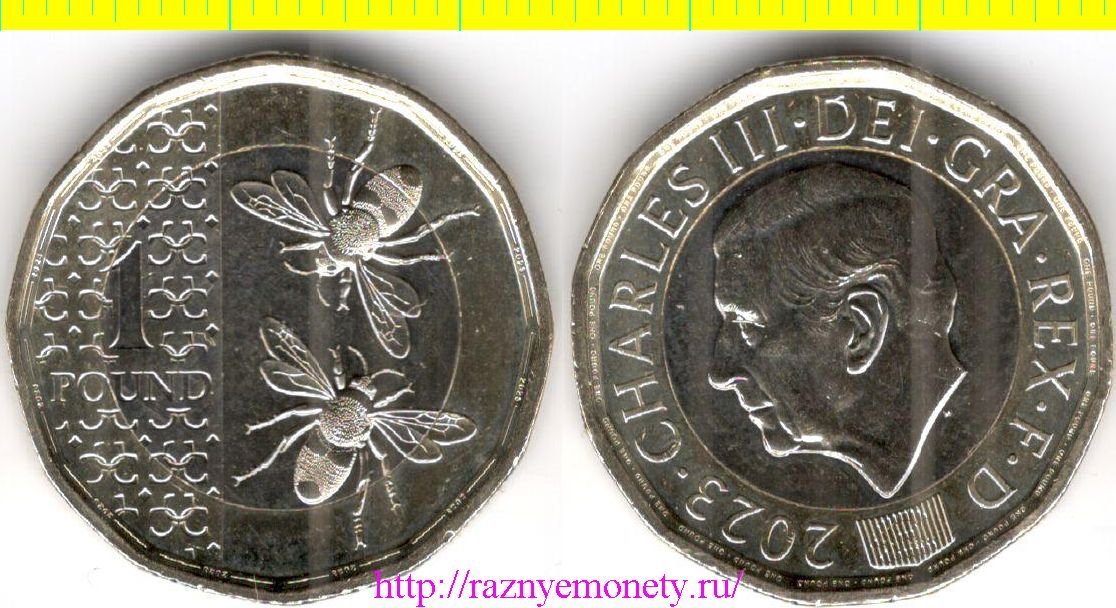 Великобритания 1 фунт 2023 год - КАРЛ III (ЧАРЛЬЗ III) - ПЧЕЛЫ - РЕДКОСТЬ