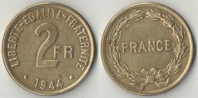 Франция 2 франка 1944 год (год-тип, латунь) (оккупация союзников, для обращения во Франции и в Алжире)