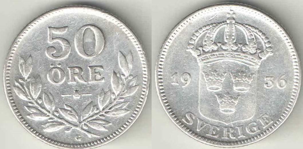 Швеция 50 эре (1911-1939) (серебро)