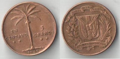 Доминиканская республика 1 сентаво 1947 год (нечастая)