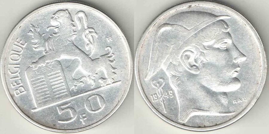 Бельгия 50 франков 1949 год (Belgique) (серебро)