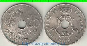 Бельгия 25 сантимов 1908 год (Belgique) (нечастый тип и номинал) (чуть погнута)