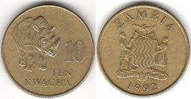 Замбия 10 квач 1992 год (год-тип) (носорог)