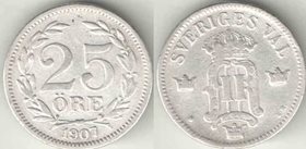 Швеция 25 эре 1907 год (Оскар II) (год-тип) (серебро)