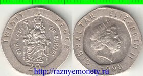 Гибралтар 20 пенсов 1998 год (Елизавета II) (Богоматерь Европы) (тип II,  нечастый тип)