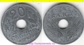 Франция 20 сантимов 1942 год (тип 1942-1943, цинк)
