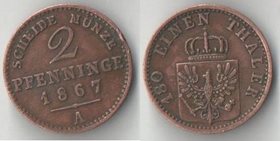Пруссия (Германия) 2 пфеннинга 1867 год А (Wilhelm I) (нечастая)