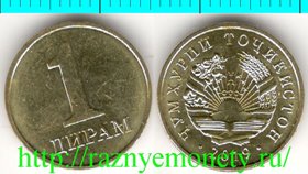 Таджикистан 1 дирам 2019 год (тип 2019-2022, нечастый номинал)