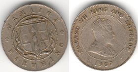 Ямайка фартинг 1907 год (Эдвард VII) (тип III, 19 мм, редкий тип и номинал)