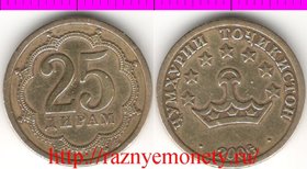 Таджикистан 25 дирамов 2006 год (тип II, год-тип) (латунь) (нечастый тип и номинал)