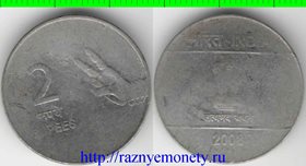 Индия 2 рупии 2009 год (жест рукой от танца Бхарата Натьям) слегка погнута