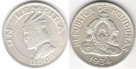Гондурас 1 лемпира 1934 год (серебро) (редкость)
