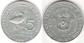 Бурунди 5 франков 2014 год (Пёстрый пушистый погоныш)