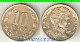 Чили 10 песо (1990-2013, 2015) (тип I) (Бернардо О’Хиггинс) (алюминий-бронза)
